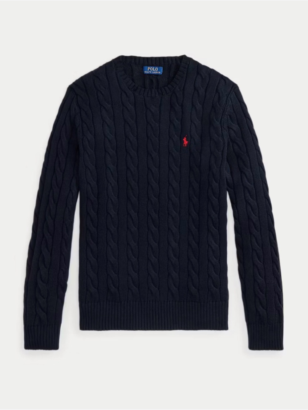 NWT Polo Ralph Lauren Navy Cable-Knit Cotton Crewneck Sweater with Red Pony
